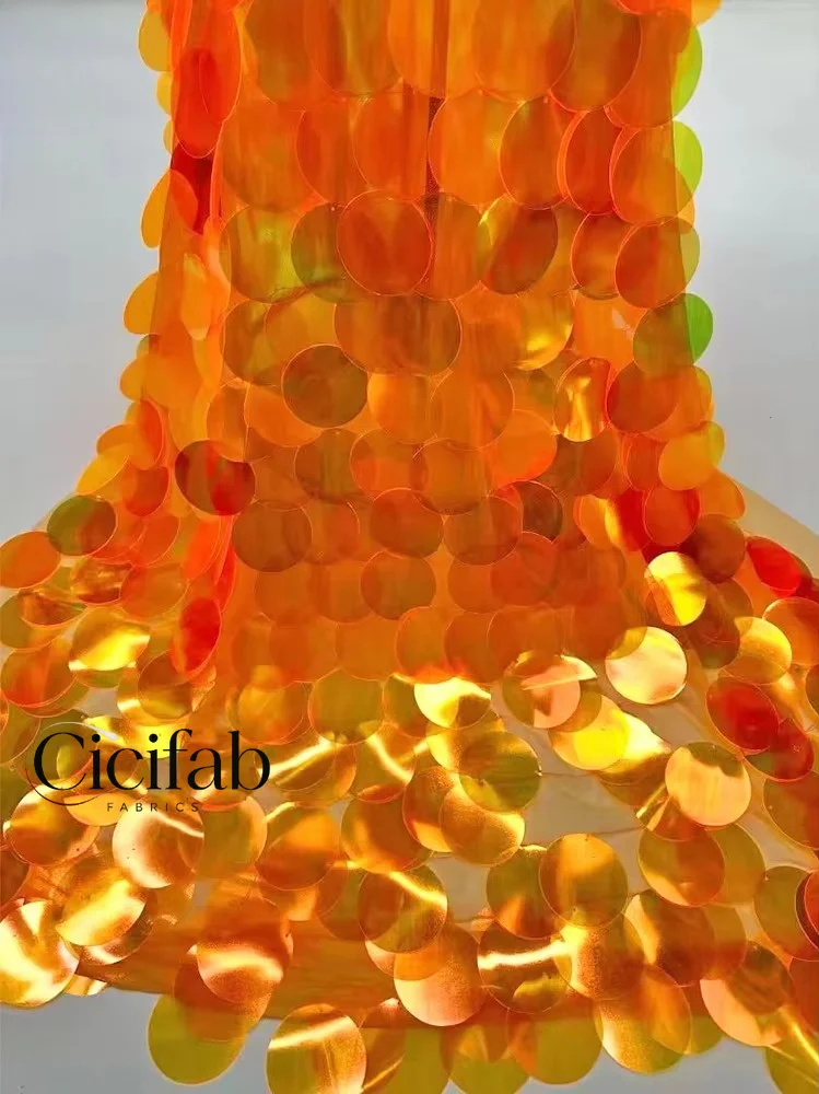 green orange High Quality Embroidery Round Sequins Fabrics Heavyweight 60mm Silver Sequin Fabric Sewing Nigerian Formal Wear
