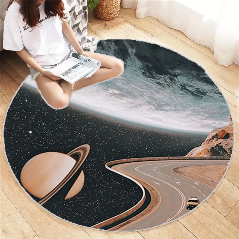 Spacewalk Round Carpet Vintage Design Living Room Bedroom Washable Art Home Bedroom Rug Aesthetics Mat Originality Decoration