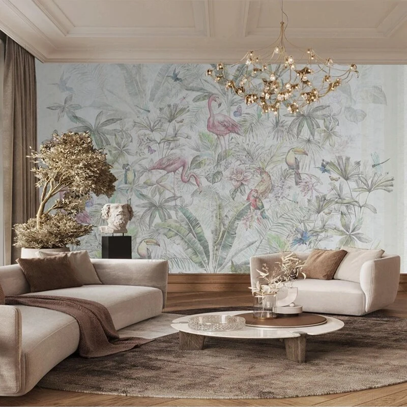 

Modern simple and high-end American flamingo forest picture TV luxurious home decoration bedroom background wall