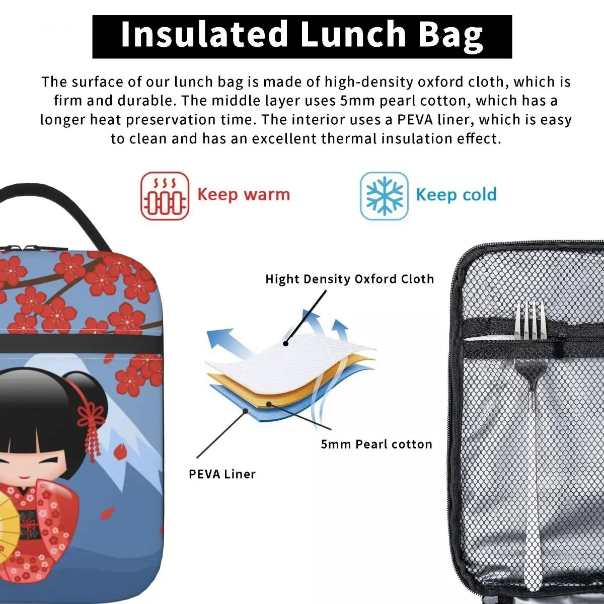 Insulated Lunch Boxes Red Sakura Kokeshi Doll Merch Cute Geisha Girl Storage Food Box Y2K Cooler Thermal Bento Box For School