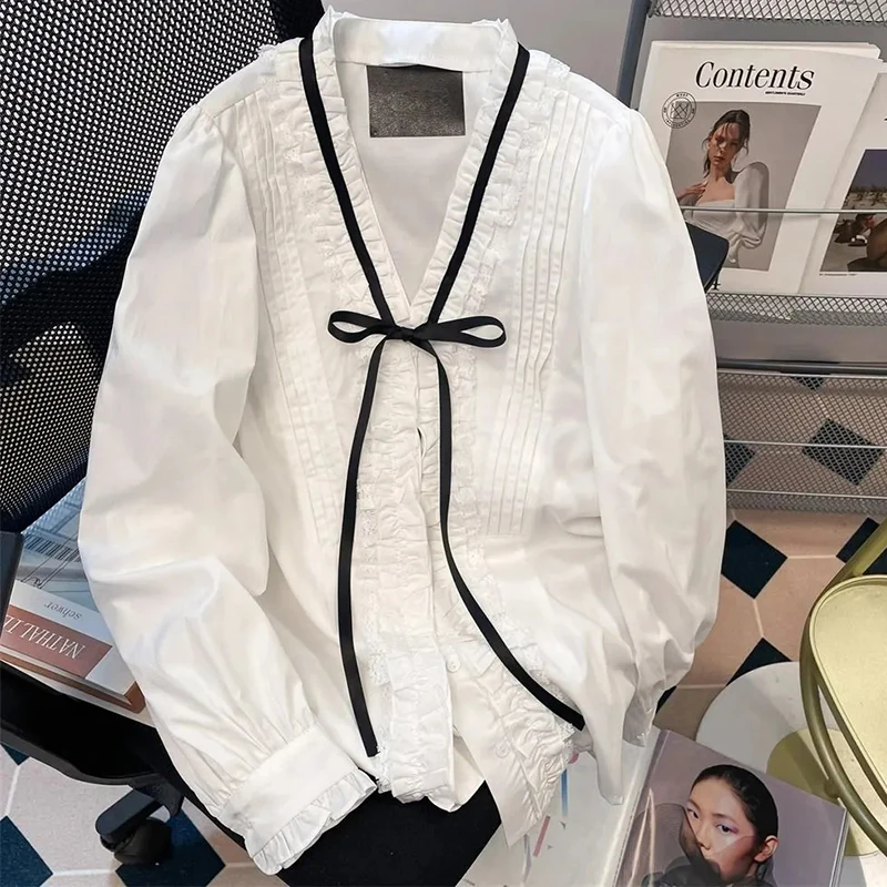 

Sweet Ruffles Bow White Blouse Women Preppy Style Long Sleeve Loose Cute Shirt Fall Casual Lace Up Female V Neck Elegant Tops