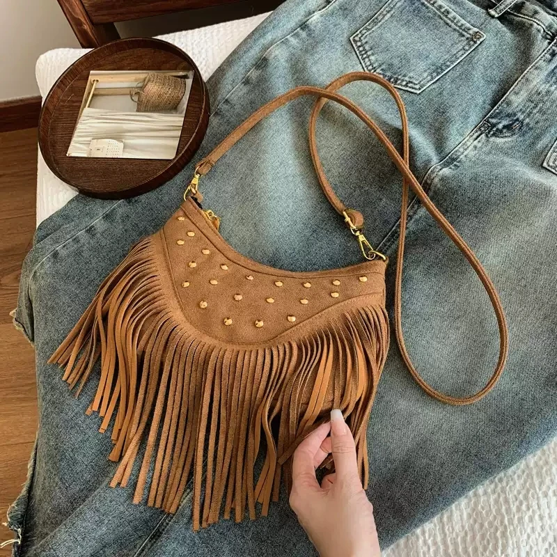 

Western Style Rivet Fringe Crossbody Bag Retro Suede Saddle Bag For Women Casual Shoulder Purse For Daily Travel