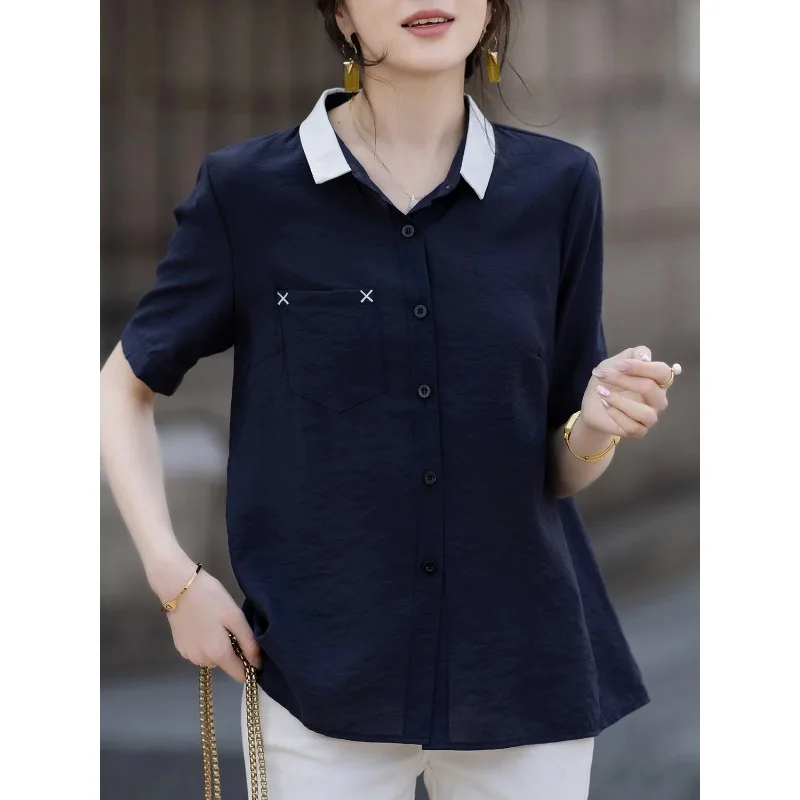 

Women's Color Block Collar Short Sleeve Shirt Loose Casual Summer Chic Blouse