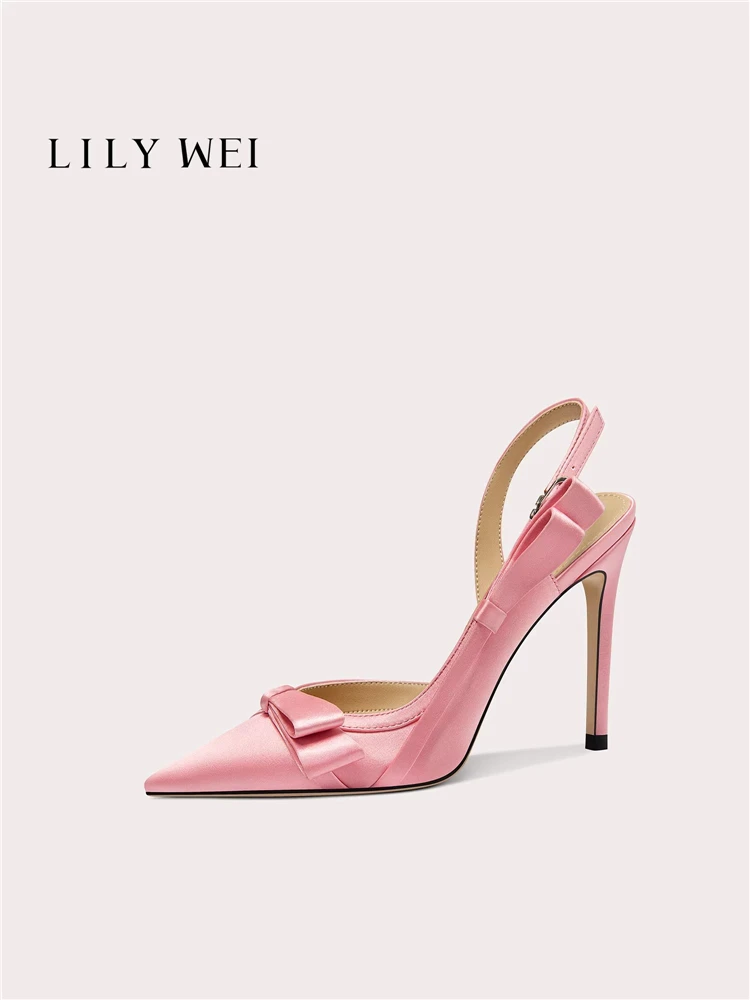 

Thin high heels spring and summer new pointed toe pink satin bow sandals banquet large size small size widened flat women's shoe