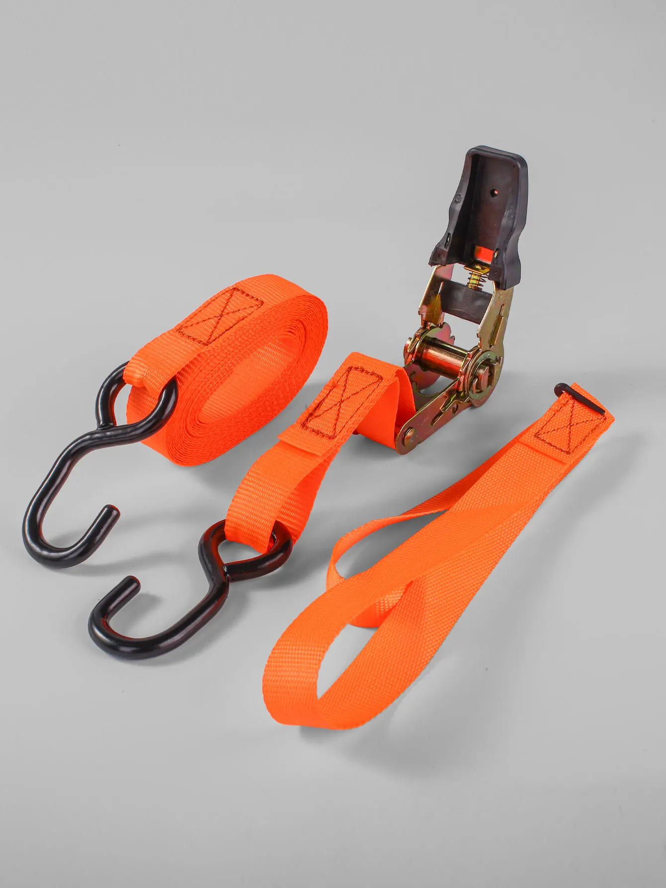 1 set of orange ratchet tightener with steel hook +1 short strap 2.5CM wide polyester webbing 5 meters long articles binding fix