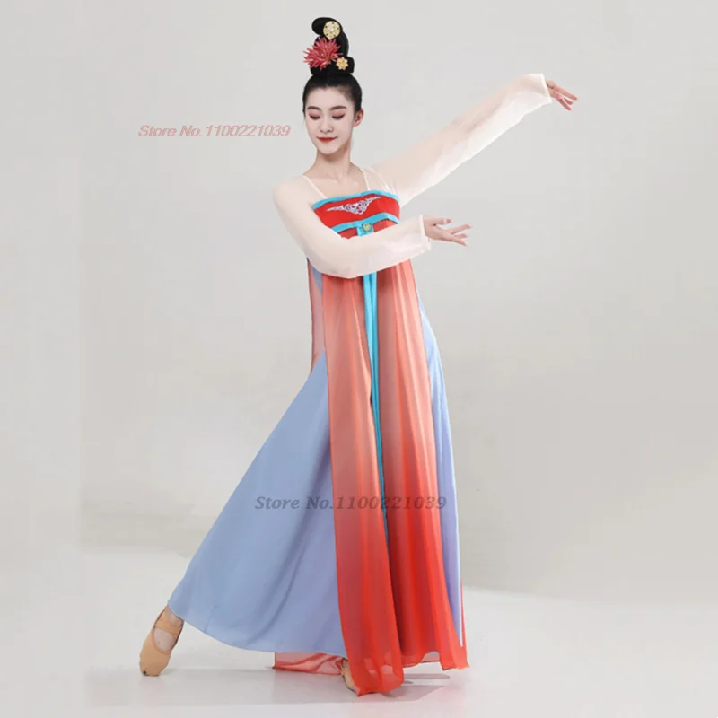 2024 chinesische Vintage Tanz kleid nationale Farbverlauf Farbe Chiffon Tops Hosen Set ruqun hanfu traditionelle Bühne Performance-Kleid