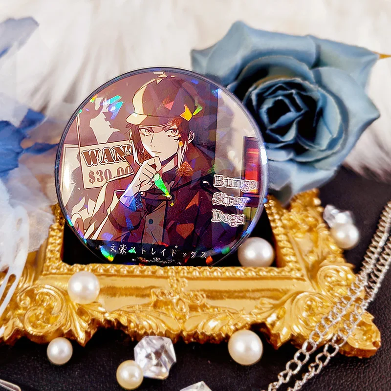 58mm/ Laser Dazai Osamu Tinplate Yum Beautiful Flower Series Ryunosuke Akutagawa Dutch Needle with Desiccant Brooch