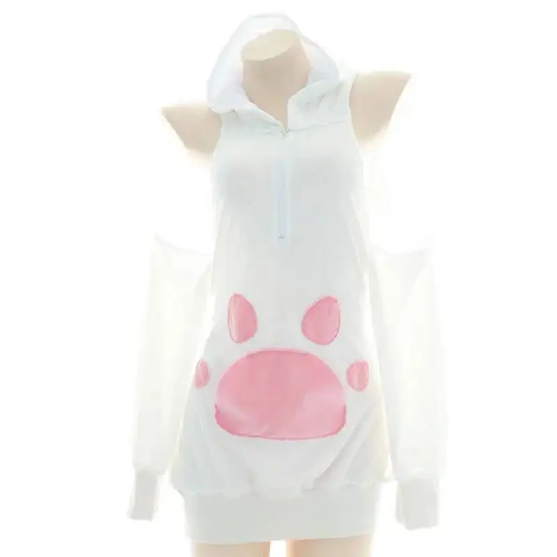 Japanese Women Cute Girl Cat Cow Plush Hoodie Sexy Lop-Eared Rabbit Zipper Lingerie Set Roleplay Backless Hooded Homewear