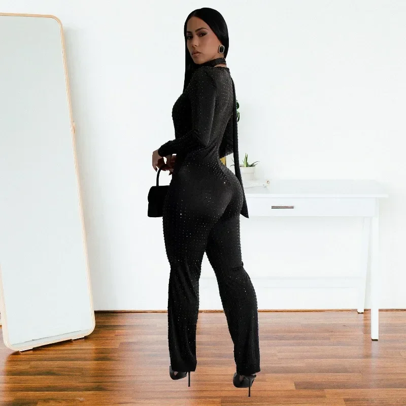 KEXU 2025 Tute da donna con scollo a V a maniche lunghe Pagliaccetti con strass Shinny One Piece Abiti da festa sexy per night club con sciarpa