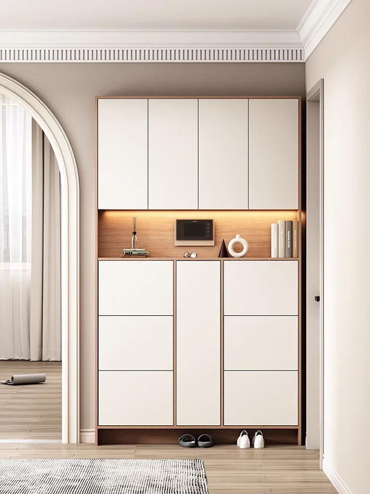 Ultra-thin shoe cabinet household door Tipping bucket door integrated against the wall Entrance cabinet Solid wood storage cabin
