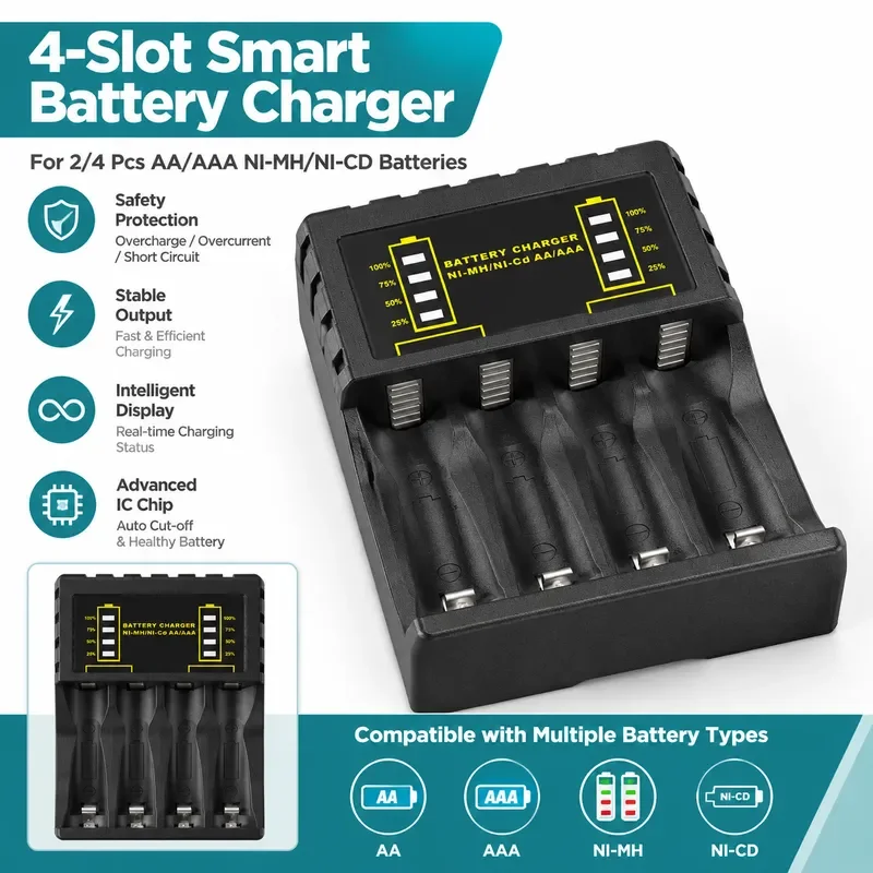 For No.5 No.7 Battery Charger AAA 4 Slots Intelligent Display Power 1.2V Fast Charger Wholesale