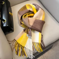 British Pure Wool Scarf For Men Women In Winter Classic Yellow Large Grid Tassel Cashmere Warm Scarf Couple Gift Scarf Female