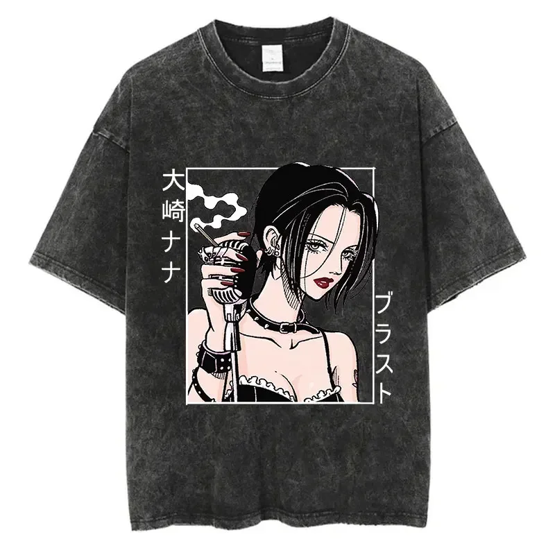 Japanese Anime Nana Osaki Print Vintage Washed Men Tshirt Harajuku Streetwear Graphic T-Shirt Summer Short Sleeve Cotton Tshirt