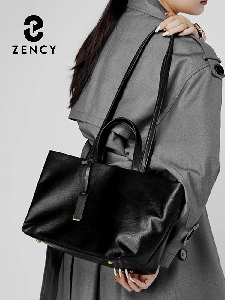 

Zency Retro Black Coffee Genuine Leather Women's Shoulder Bag Cowhide Tote Soft Large Capacity Handbag for Commuters Shopping