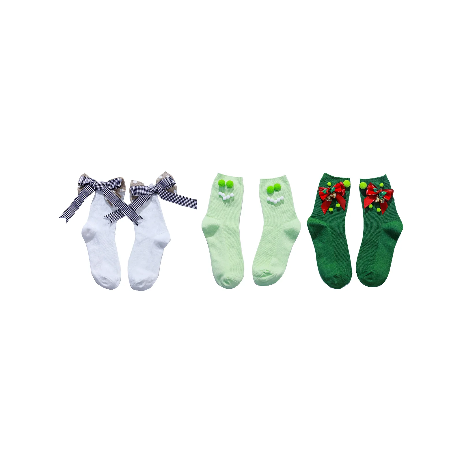 

Christmas pom-pom bow-decorated socks set (pack of 3 pairs including styles A/B/C)