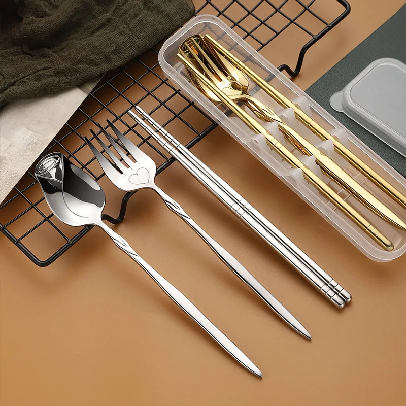 Portable Rose Cutlery Set with Case Stainless Steel Gold Dining Fork Spoon Chopsticks Dinnerware Outdoor Kitchen Utensils