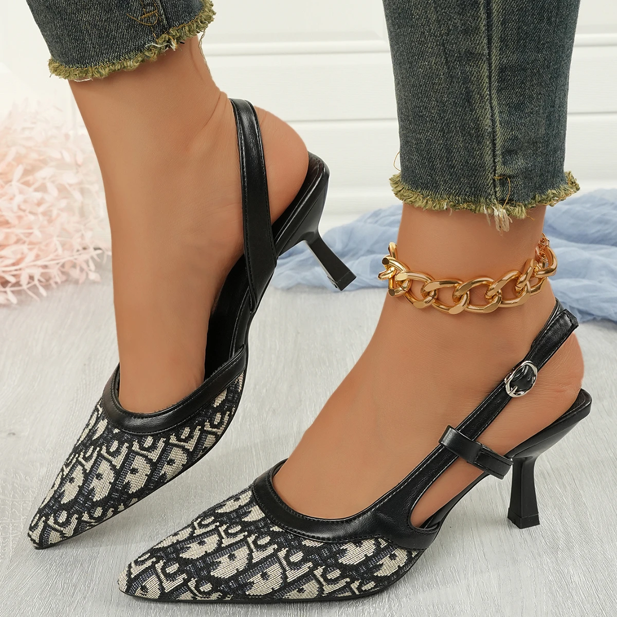 

Women Shoes Satin Pointed Back Empty Women Sandals 2025 Summer One-word Buckle Sexy High Heels Women Sandalias Mujer Zapatos