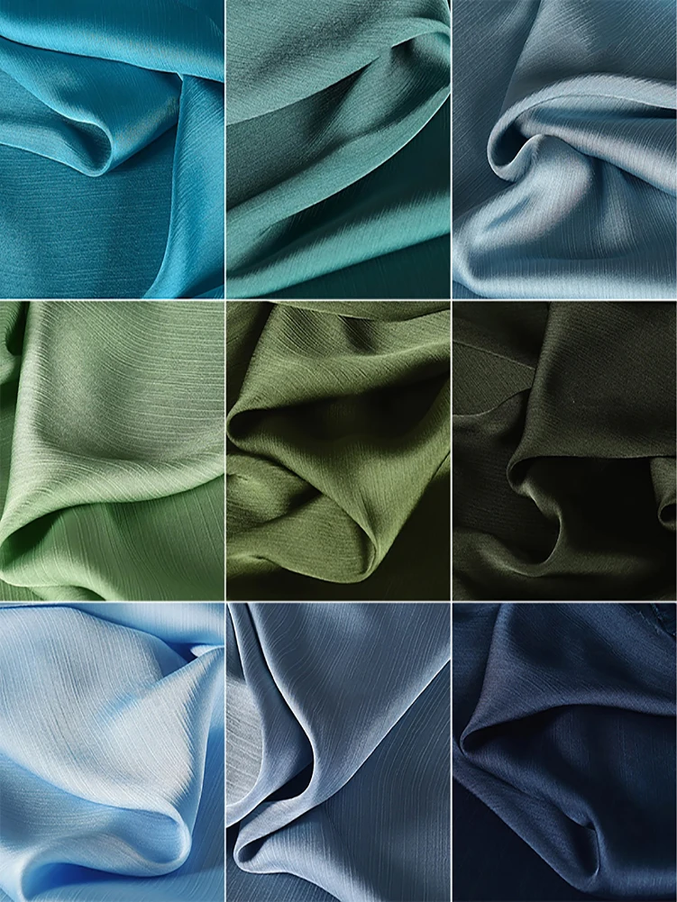 Blue Green Glossy Satin Crepe Fabric Folds Spring and Summer Thin Pleated Chiffon Haute Couture Dress Shirt  Fabrics