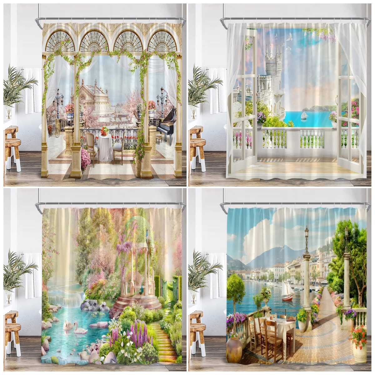 Vintage Seaside Town Shower Curtain Garden Flowers Swan European Architecture Landscape Polyester Home Bathroom Curtains Decor