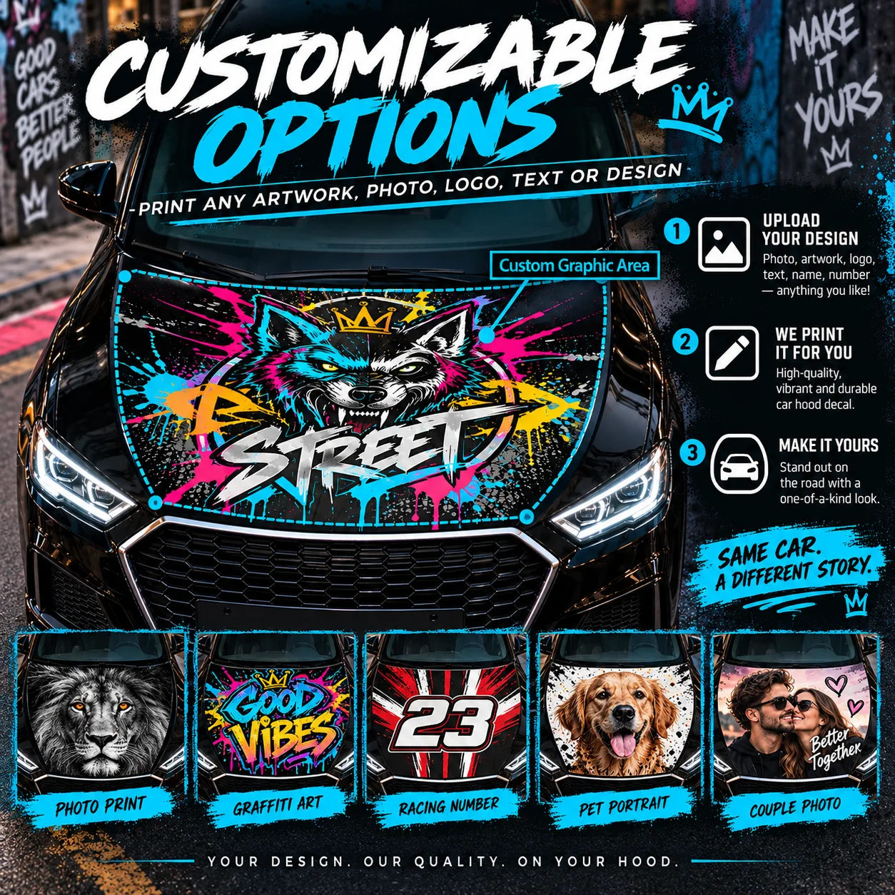 Custom Car Hood Sticker Vinyl Decal Personalized Cool Racing Sport Graphics for Auto Truck Hood Bonnet Decor Outdoor