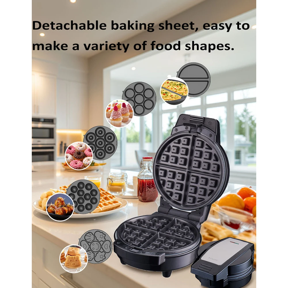 6-in-1 Interchangeable Waffle Multifunctional Snack Maker, Double Sided Heating, Removable Baking Sheet, Breakfast Bread Maker