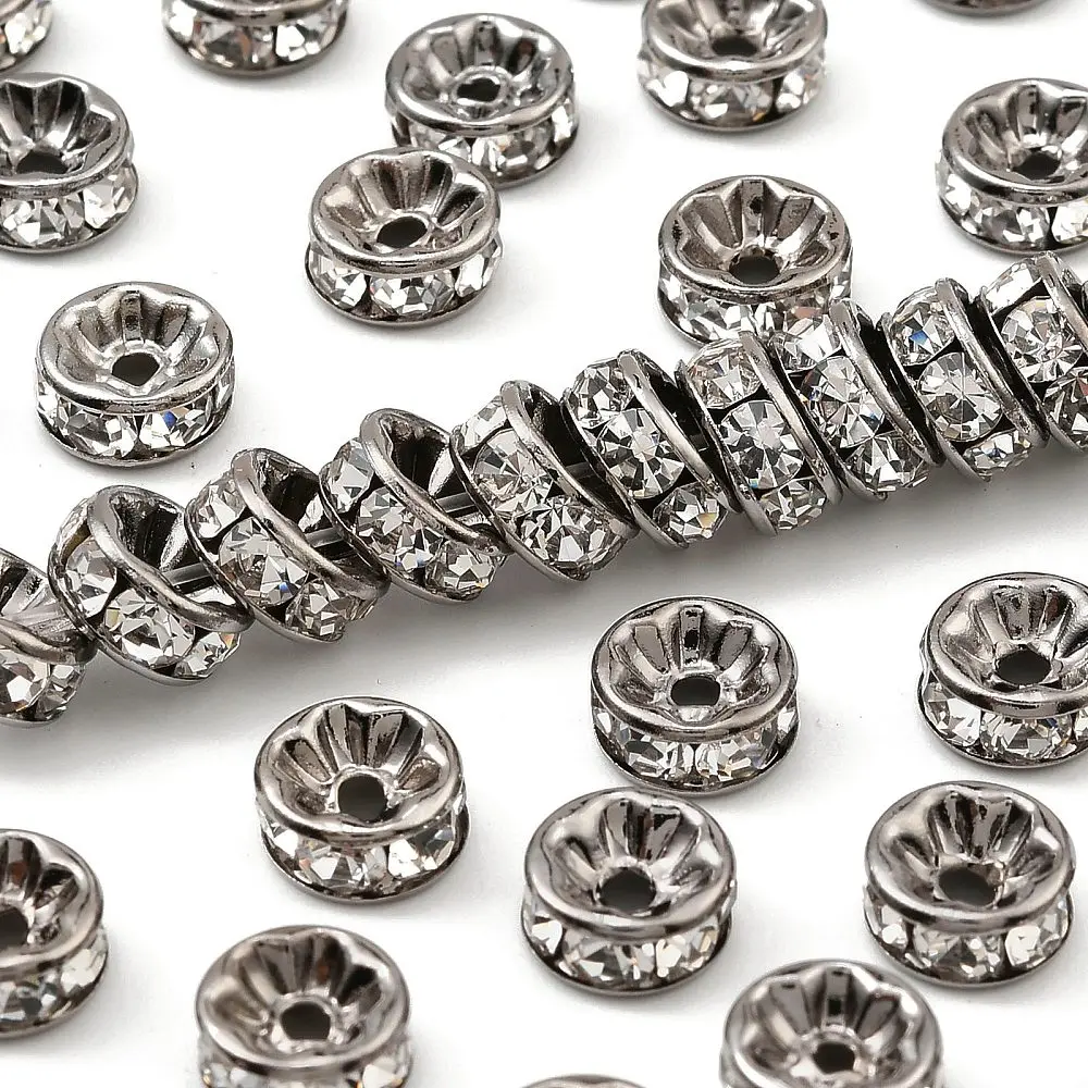 

200pcs Brass Rhinestone Spacer Beads Grade AAA Straight Flange Gunmetal Rondelle 8x3.8mm Hole: 1.5mm