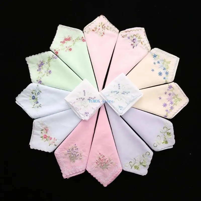D0UD – mouchoirs en coton brodé pour femmes, doux, couleur bonbon, fleurs, bordure en dentelle, Hankies pour fête mariage