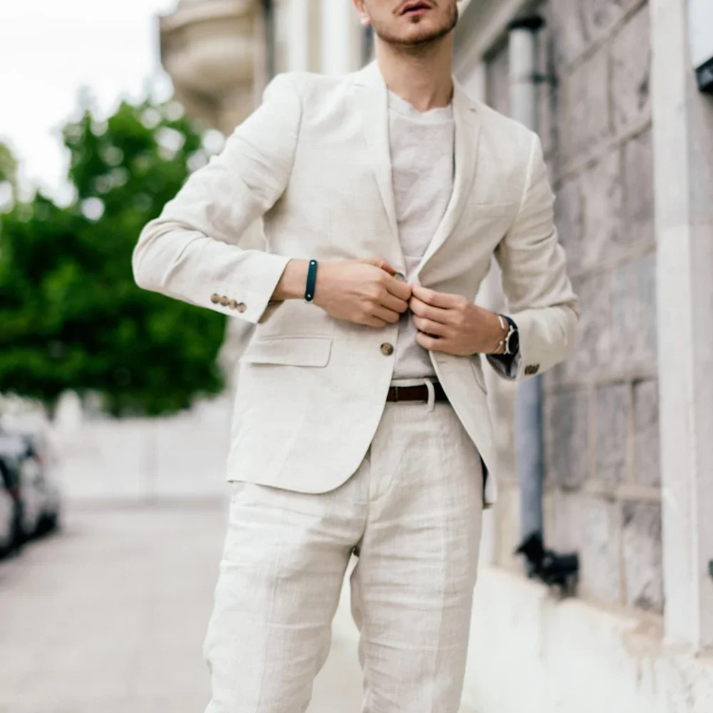 Beige Mens Linen Suits For Beach Wedding 2023 Slim Fit Costume Homme Mariage 2 Piece Summer Terno Masculino Hombre Custom Made