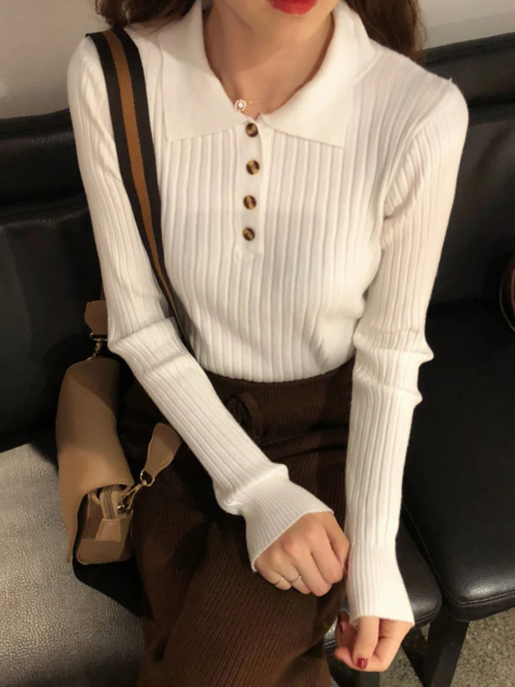 Buttons Turn-down Pullovers 2022 Women Sweater Basic Sweet Knit Jumper Korean Sweater Pull Femme Top Chic Elasticity Winter