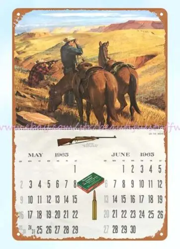 farmhouse 1965 REMINGTON CALENDAR hunter horse mounain firearm metal tin sign