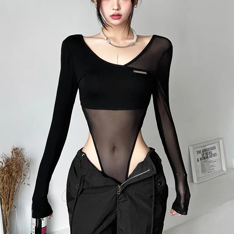 

High Waist Suit Long Sve Me Splice Slim Fit Big round Ne Cross Border Hot Girl See tough Sensation Metal T...
