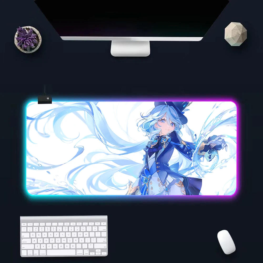 Anime Game Genshin Impact Furina RGB Pc Gamer Keyboard Mouse Pad Mousepad LED Glowing Mouse Mats Rubber Gaming Computer Mausepad