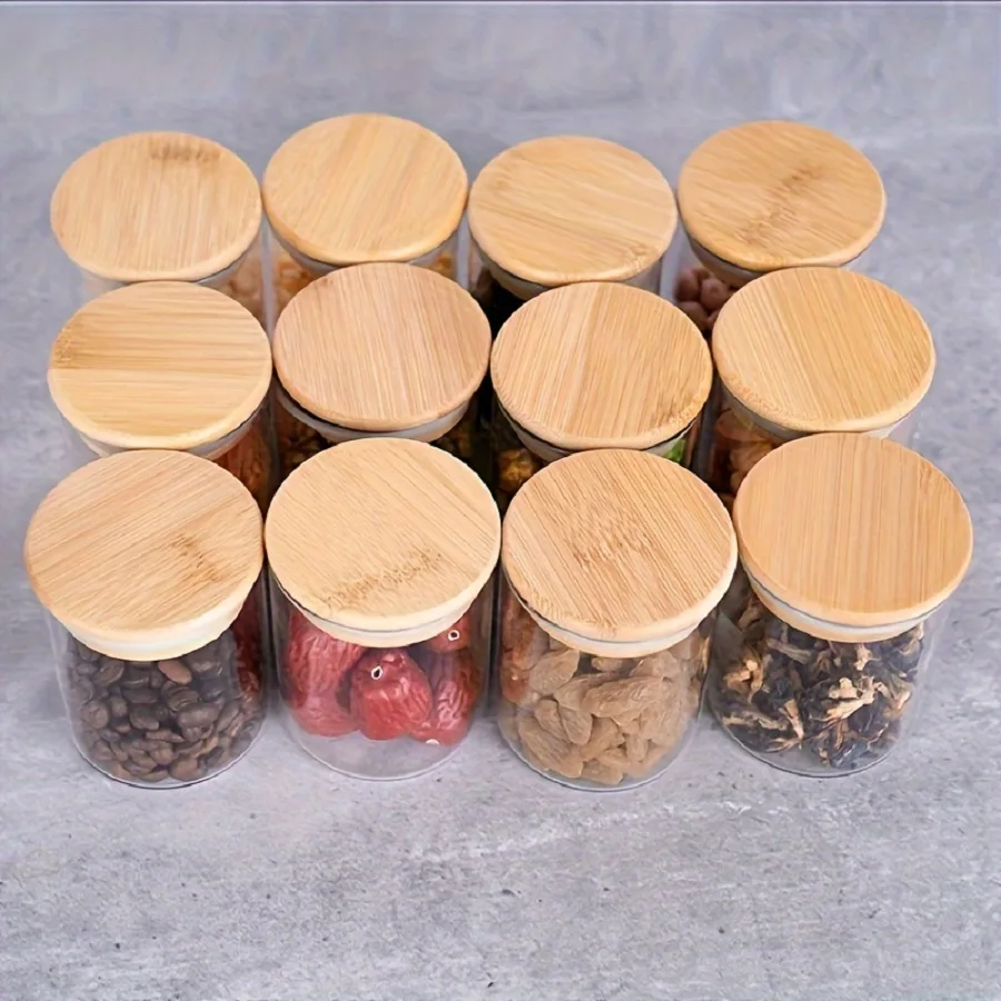 Glass Food Storage Jars Set of 12,Clear Glass Storage Containers with Bamboo Lids,Spice, Blooming Tea,Coffee and Sugar Container