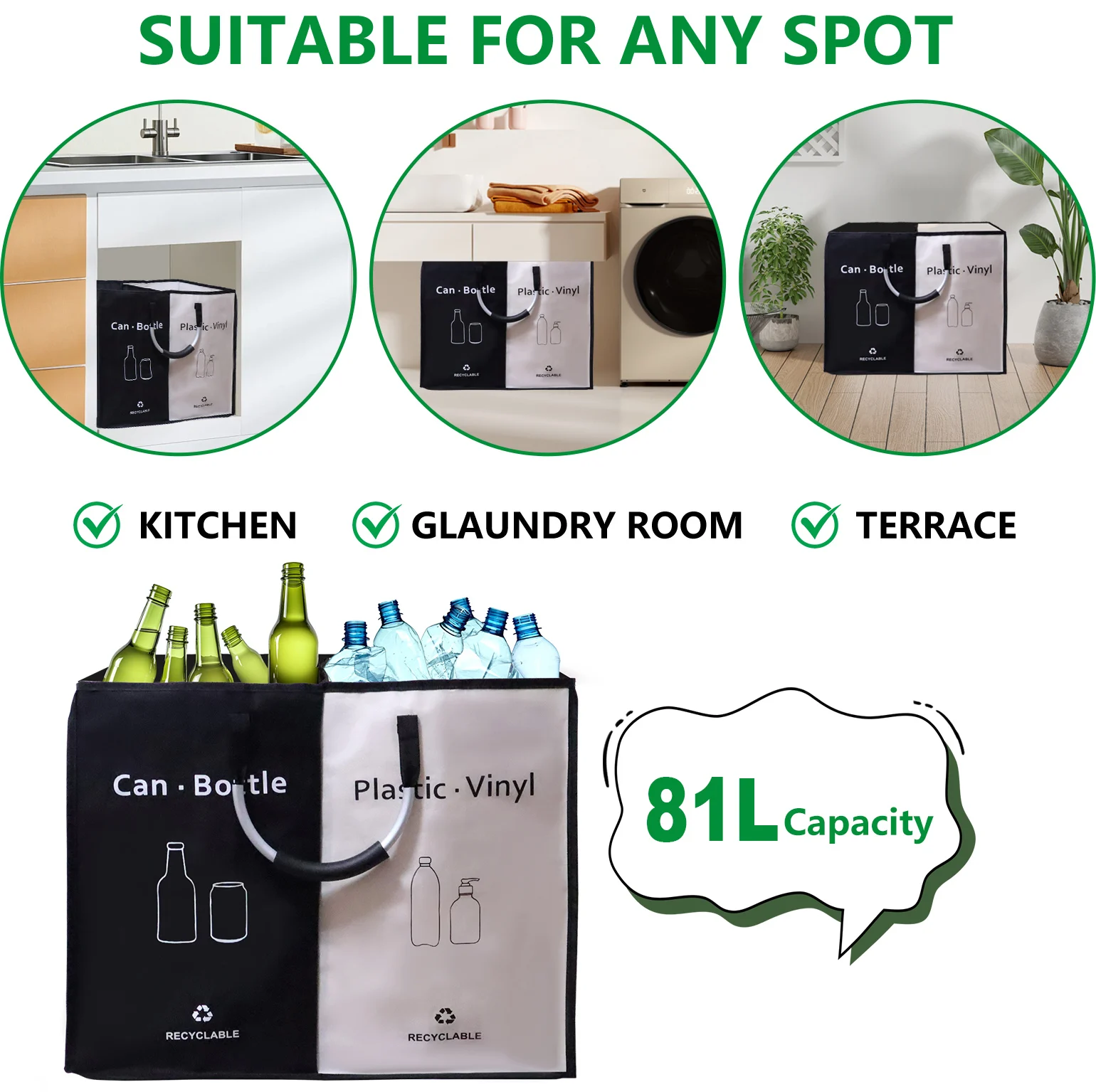 Collector Bins with 2 Compartments 81L Recycling Bins Odor-Resistant Recycle Bin Indoor Bottle Hamper for Home and Kitchen