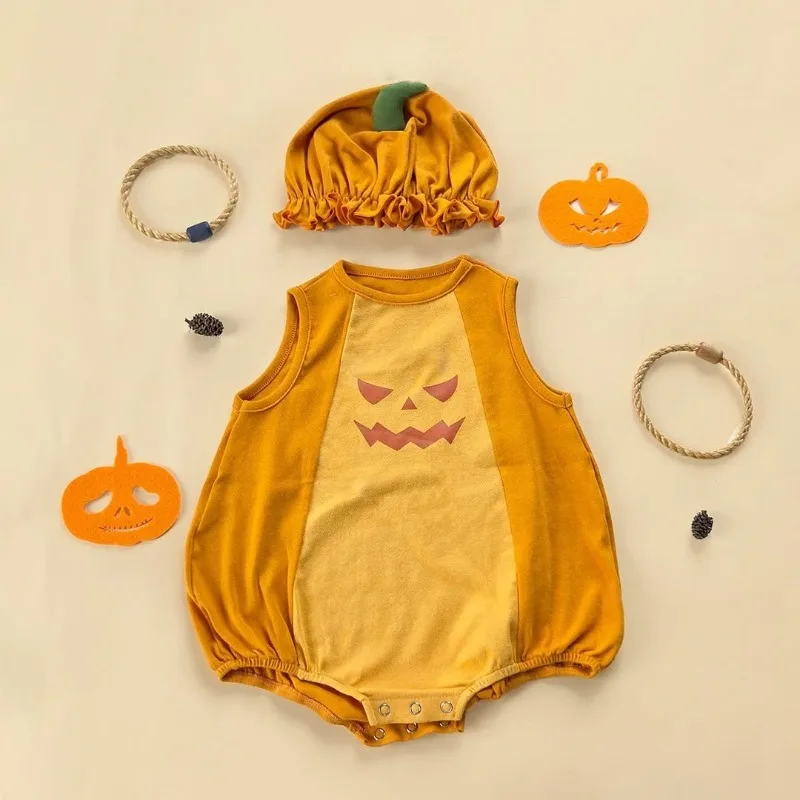 

Одежда для маленьких девочек, комбинезон, боди с тыквой, костюм на Хэллоуин, милый комбинезон без рукавов с героями мультфильмов для маленьких мальчиков, карнавальная праздничная одежда