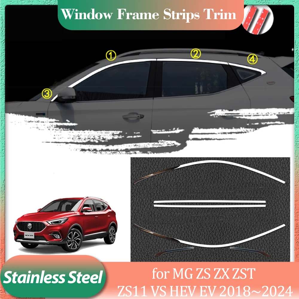 

for MG ZS MGZS ZX ZST ZS11 VS HEV EV 2018~2024 Silver Stainless Steel Door Window Frame Window Sill Trim Sticker Part Accessorie