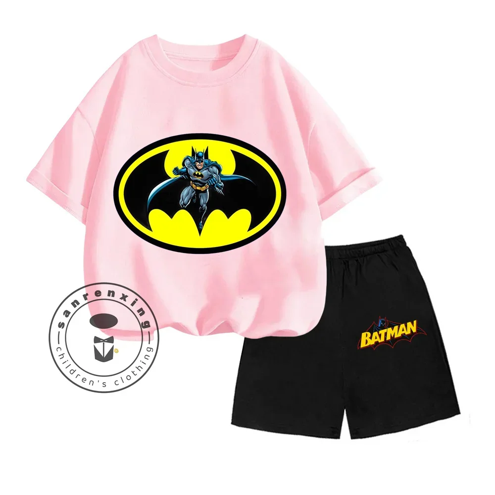 New Batman Anime Series Cartoon Character Print Design O-neck Exquisite Short Sleeves and Shorts Summer Children Two-piece Set