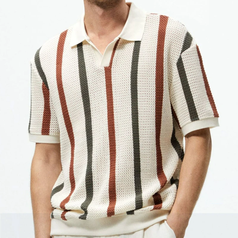 Summer New Short Sleeved Knit Men's Polo Shirt Panelled Lapel Trend Hollow Out Screw Thread Vertical Stripe Breathable Thin Tops