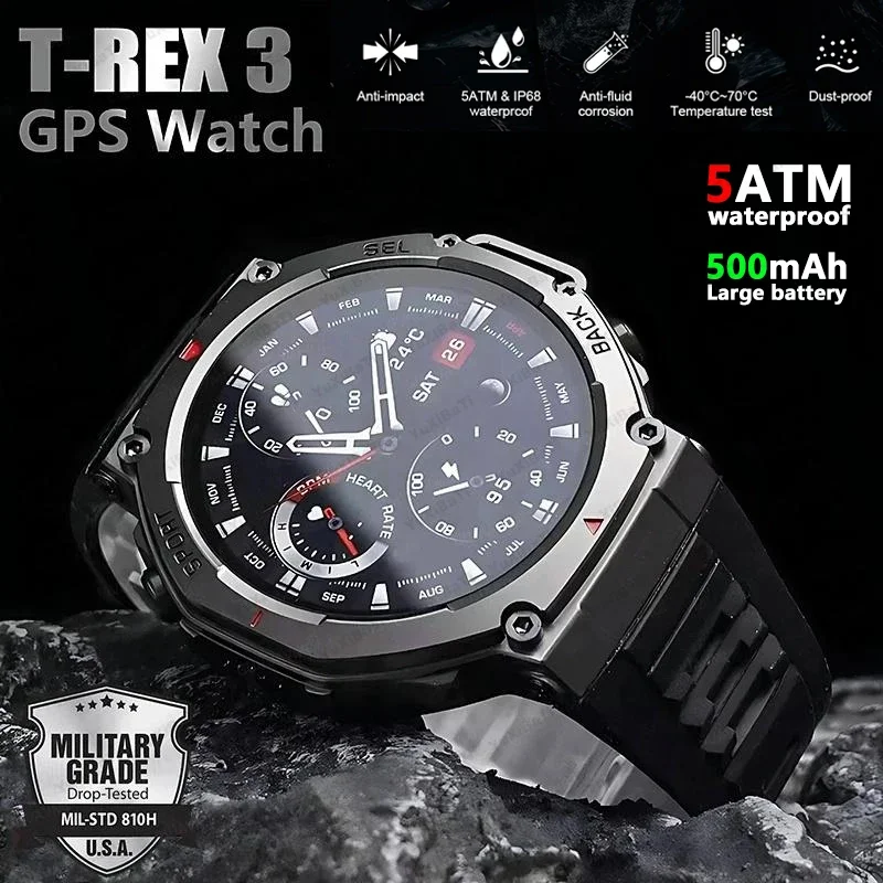 

2025 T-Rex 3 Man Smart Watch GPS Tracker AMOLED Screen Waterproof Watches Outdoor Compass Fitness Sport Monitor Men Smartwatch