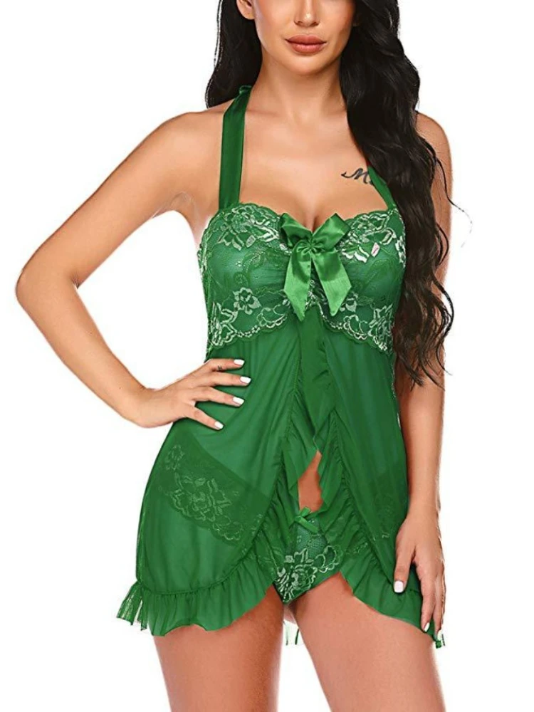 

Sexy Lingerie Lace Night Dress Women Nightgown Sleepwear Splicing Mesh Short Skirt Transparent Neck Hanging Bow Pajamas Dress