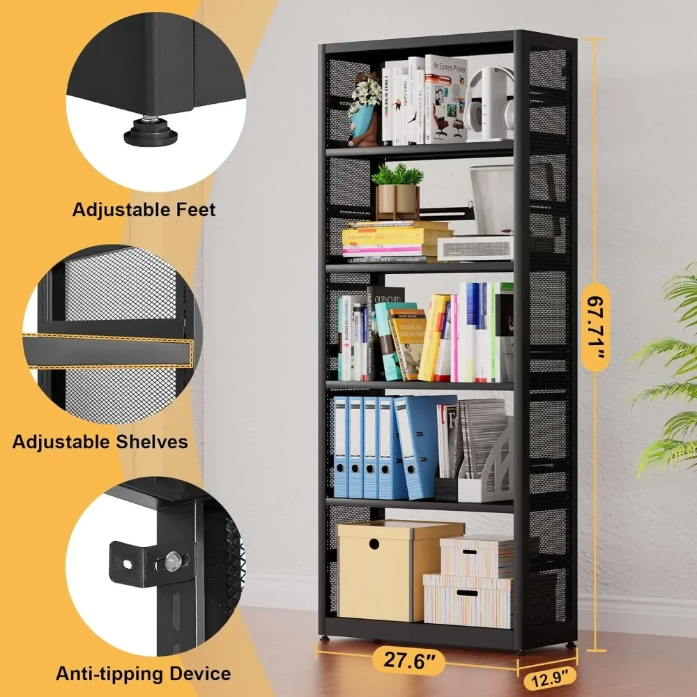 

68''Tall Book Shelf, 5-Tier Bookshelves and Bookcases,Modern Stoage Bookshelf Organizer, Metal Display Shelf with Adjust Shelves