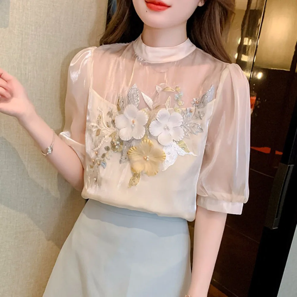 

Summer Short Sleeve Chiffon Shirt For Women's 2024 Summer Heavy Industry Beading 3D Flower Blouse Ladies Elegant Slim Tops Blusa