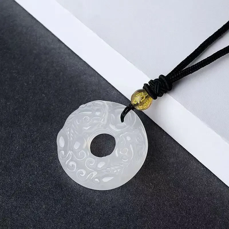 Natural Obsidian Double Pixiu Pendant White Chalcedony Double Pixiu Ping An Explosive Men's and Women's Necklaces