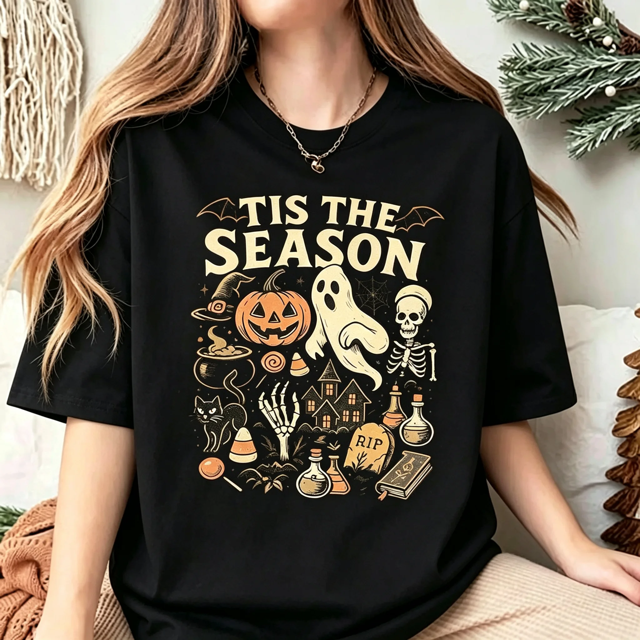 Halloween T-shirt Vintage Ghost Pumpkin Skeleton Black Cat Witch Haunted House Print Unisex Oversized Short Sleeve Tee