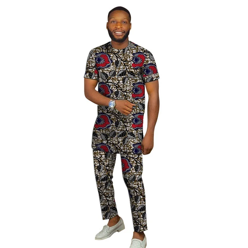 

African Print Men's Set Short Sleeve Tops With Pant Nigerian Fashion Wax Male Wedding Party Garments