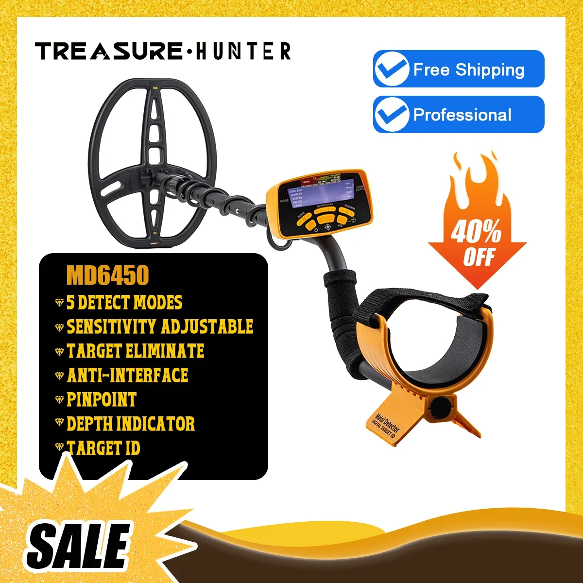 Treasure Hunter MD6450 Gold Metal Detector 11inch Coil Professional Underground Detector Waterproof Pinpointer High Sensitive