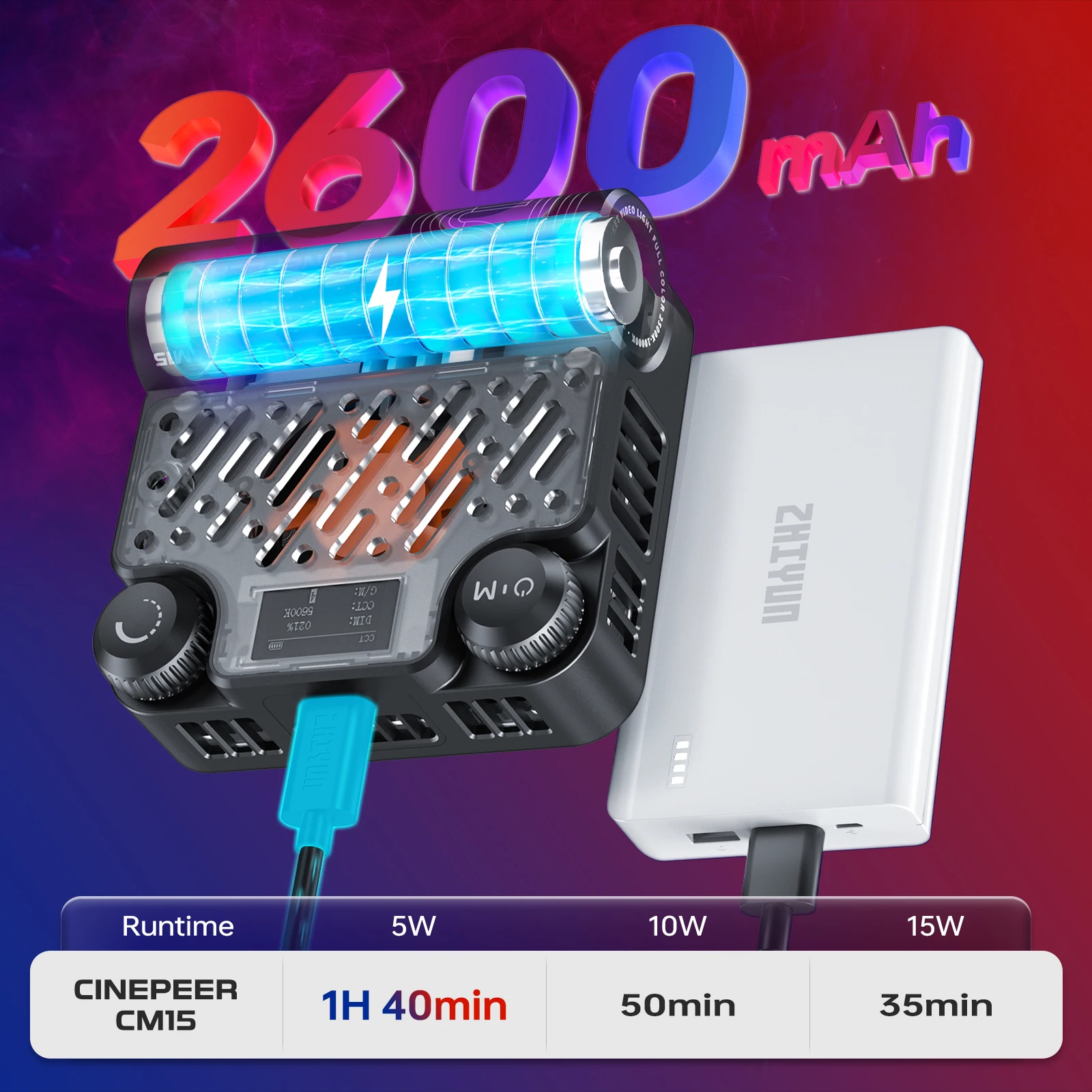 ZHIYUN Official CINEPEER CM15 15W RGB Portable Video Light 2600mAh LED Photography Lights 2500K-10000K Photo Video Lamp Fill Lig