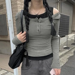 Dourbesty 2000s Fake Two Pieces T-Shirts Y2k Autumn Long Sleeves T Shirt Women Patchwork Cut Shoulder Out Tees Harajuku Crop Top