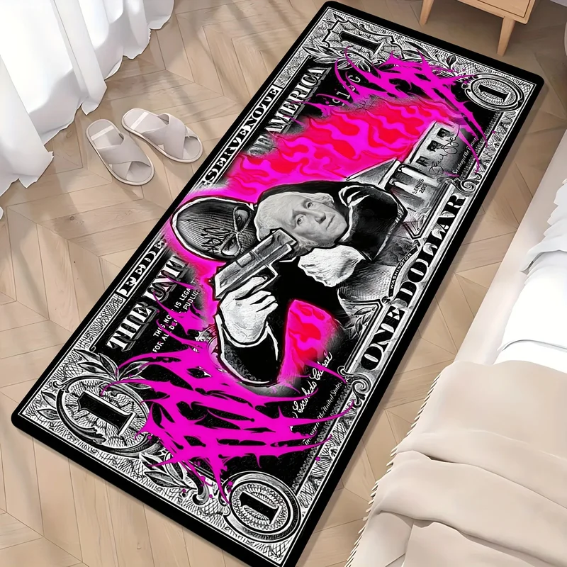 VIKAMA Pink Flame Dollar Bill Runner Rug Anti Slip Washable Street Hip Hop Graffiti Long Bedroom Floor Home Decor