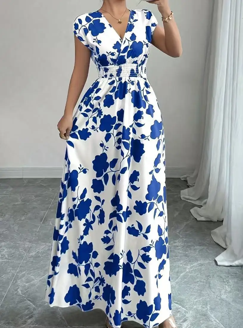 Summer Women's V-neck Dress Short-sleeved High-waisted Plant Print Simple Fashion Holiday Casual Long Dress for Female - Image 2
